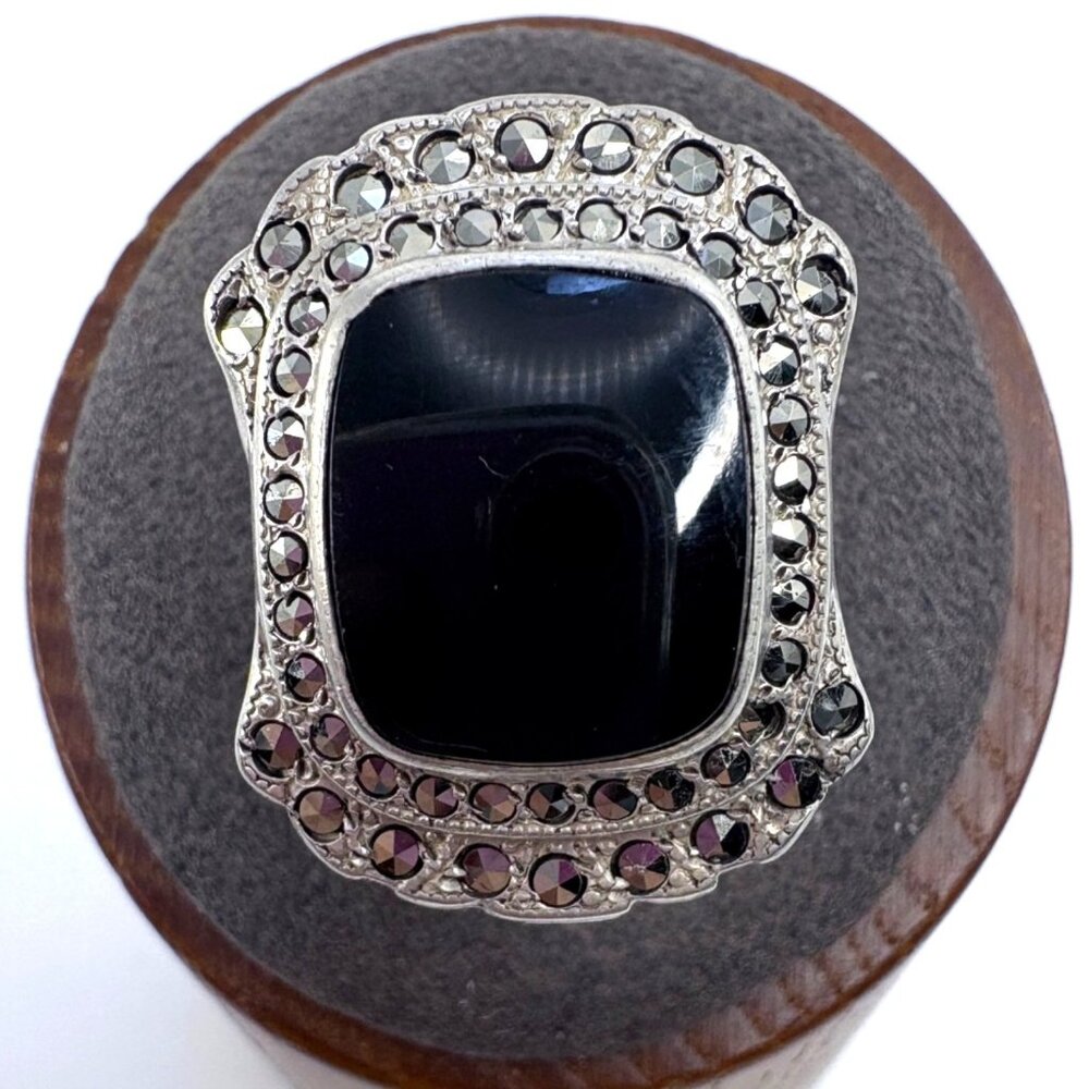 Black Onyx Bezel Set & Marcasite Ring VTG Sterling Silver 925 Size 5.25